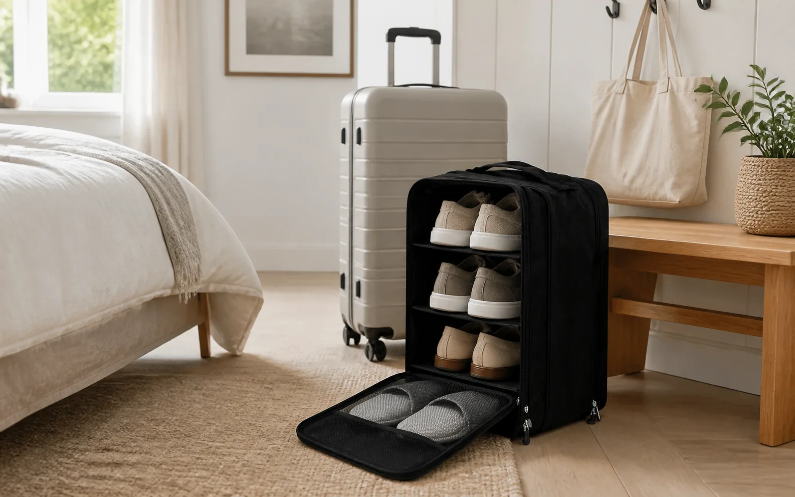 Travel shoe organizer in a bright, modern family bedroom