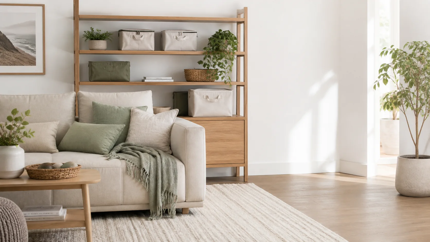 Bright organized living room with soft neutral furnishings