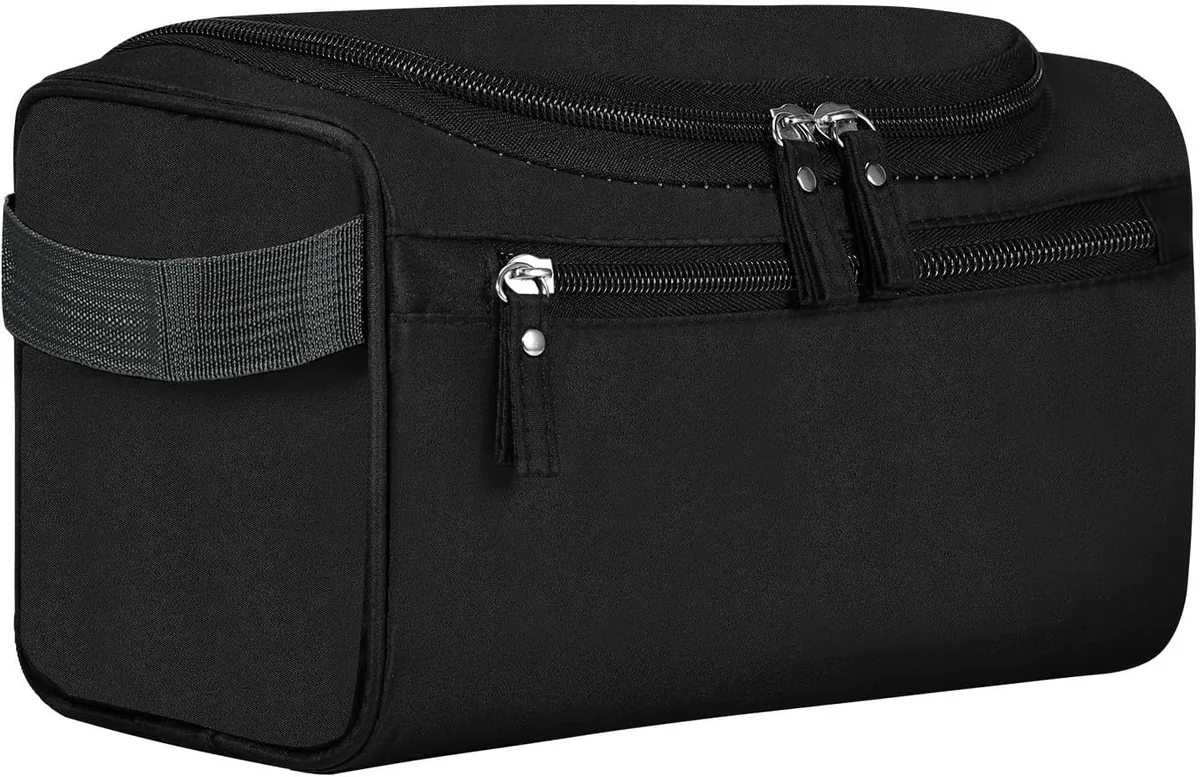 Black PNEUICALLY hanging travel toiletry bag closed on a white background