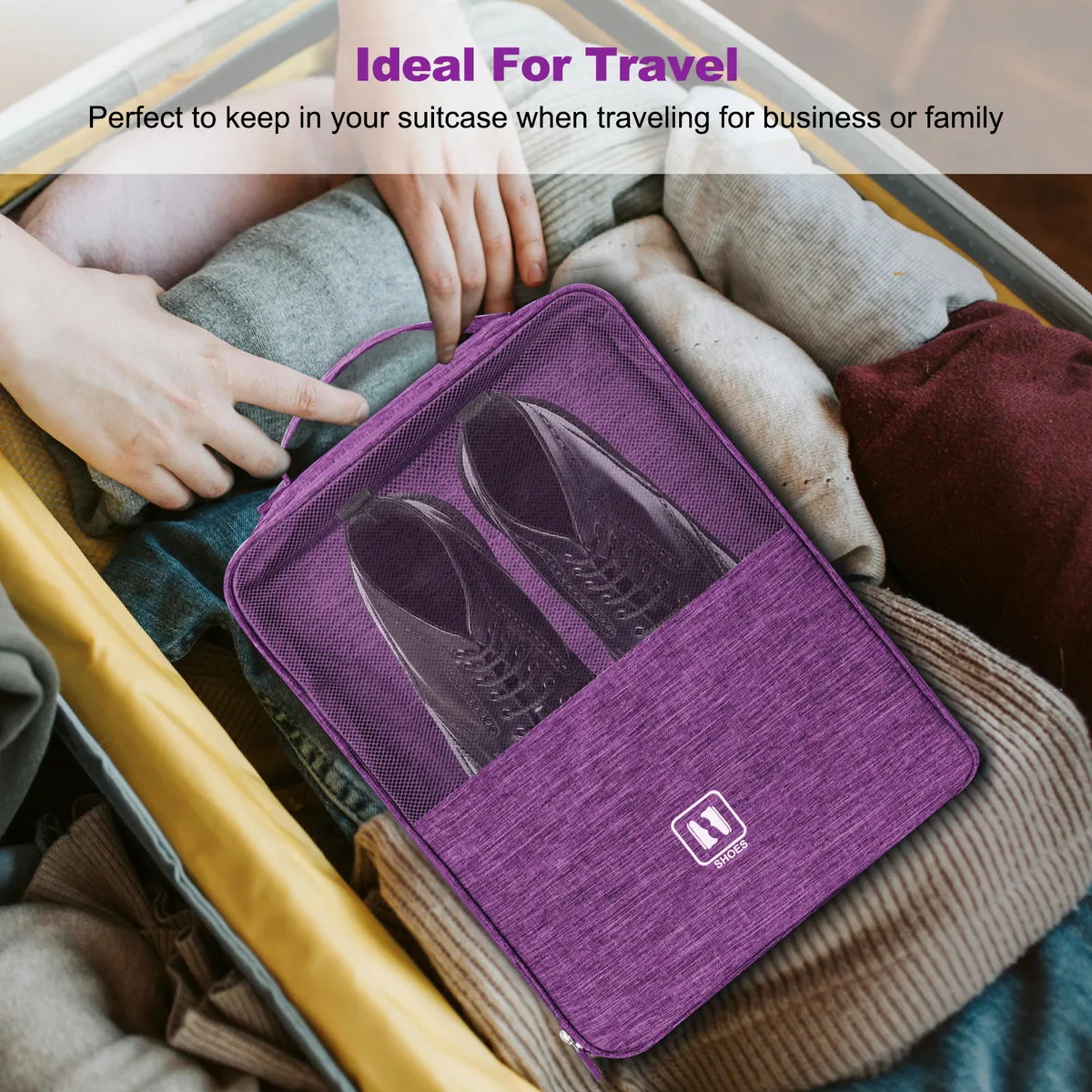 Purple PNEUICALLY shoe bag packed inside an open suitcase